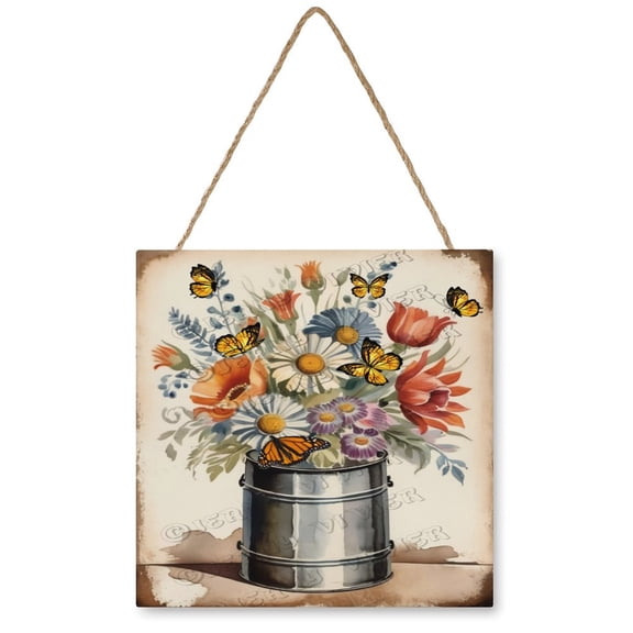 Tin Bucket With Wild Flower Wood Hanging Sign Wall Art Decor for Office Home, Funny Bathroom Wood Decor Sign, Housewarming Gift 12x12 Inches