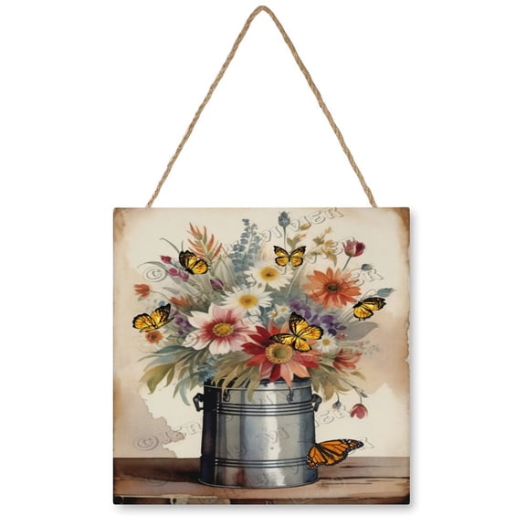 Tin Bucket With Wild Flower Wood Hanging Sign, Wood Wall Art, Funny Bathroom Wood Decor Sign, Hanging Printed Wooden Plaque Dcor 12x12 Inches
