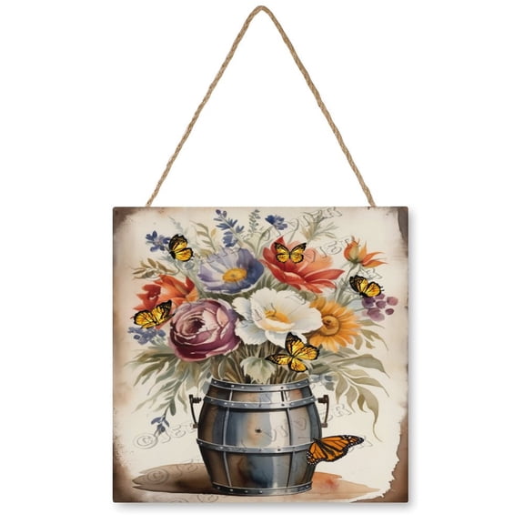 Tin Bucket With Wild Flower Wood Hanging Sign, Wood Wall Art, Funny Bathroom Wood Decor Sign, Rustic Wall Art for Bedroom Living Room 12x12 Inches