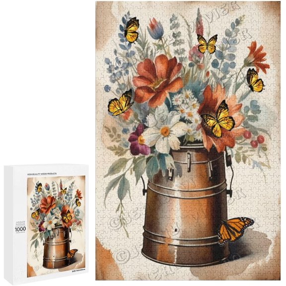 Tin Bucket with Wild Flower Wood Wall Art Wood Decorative for Home Desk Shelf Wall Decor 1000 Piece Jigsaw Puzzle for Adults 20"x30"