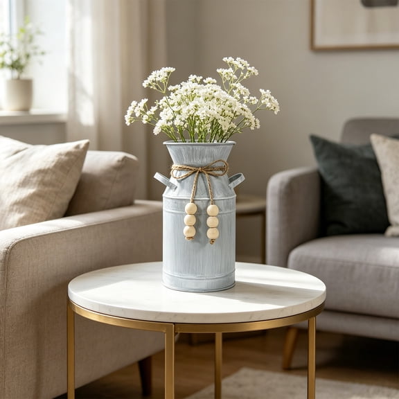 Tin Flower Vase Iron Wall Mounted Vintage Bucket Planter European Style Rustic Floral Holder Decorative Pot, Home Wedding Table Living Room Garden Fresh Dried Flower Decor