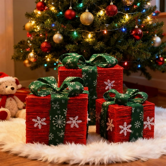 Tin Gift Box Set Christmas Wrought Iron Luminous Gift Box Set 1Pcs Pile Decorations for Tree and Hotel Scene Layout,5.9",Red JASKFLY