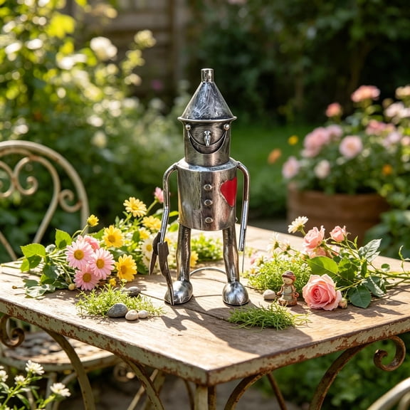 Tin Man Metal Garden Statue, Rustic Handmade Tin Man Sculpture, Retro Metal Soldier Ornament for Indoor Outdoor Home Yard Decor