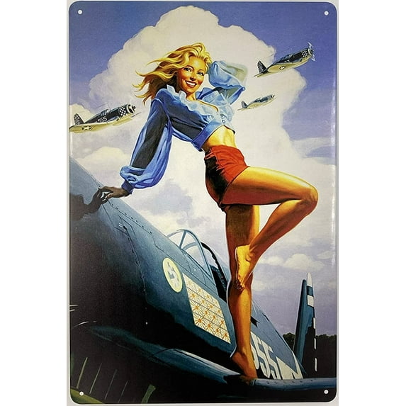 Tin Metal Sign | Pin Up Girl Posing with Airplane 8 x 12 in | VIntage Retro Wall Decoration Garage Bar Room Restaurante Decor