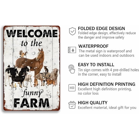 Tin Metal Sign Welcome To The Funny Farm Vintage Animal Wall Decor 8x12