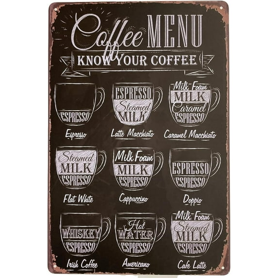 Tin Metal Wall Sign | Coffee Lover Bar Menu with Coffee Recipes 8 x 12 | Fun Decorative Poster for Home Bar Room Garage Kitchen Decor | Retro Vintage Design