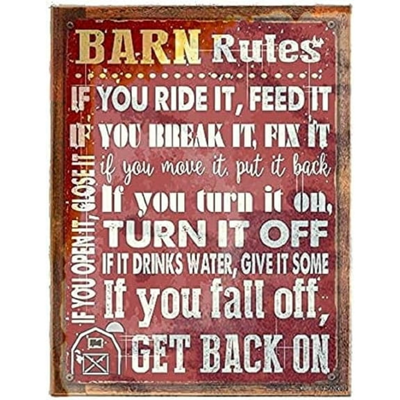 Tin Poster Metal Sign Barn Rules, Stable, Rustic Décor, Cowboy, Ranch, Horses On Reclaimed, Rustic Wood Wall Plaque Retro Vintage Signs 12 X 8 Inches