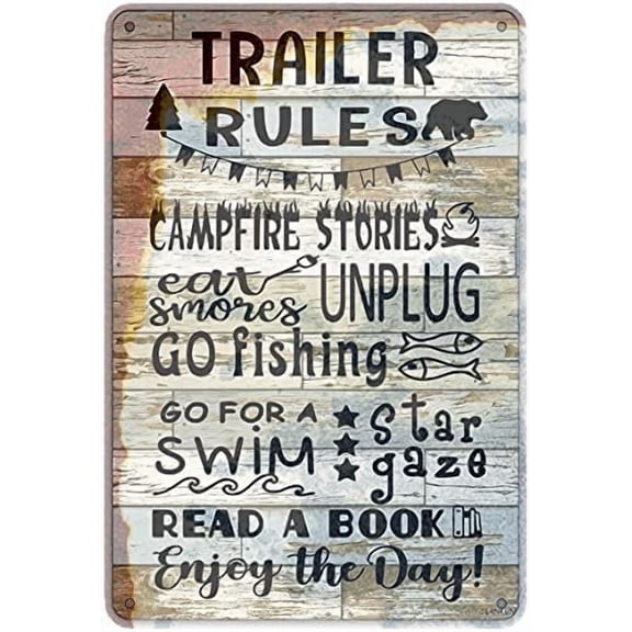 Tin Poster Metal Sign Funny Trailer Rules Quote Wall Decor, Farmhouse Metal Style Kitchen for Home Decor Gifts Plaque Retro Signs