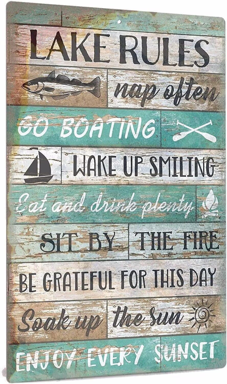 Tin Poster Metal Sign Lake Rules Decor, Country Lake House Decor for Farmhouse, Cabin, Beach, Bar, 12x8 Inches Aluminum Wall - Go Boa G Plaque Retro Vintage Signs