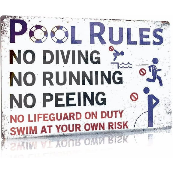 Tin Poster Metal Sign Pool Rules, Indoor/Outdoor Swimming Pool Decorations, 12x8 Inches Aluminum - No Diving No Running No Peeing Wall Plaque Retro Vintage Signs