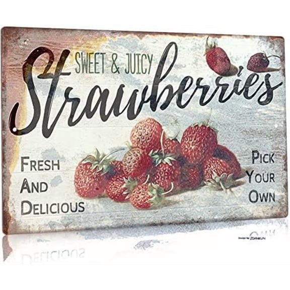 Tin Poster Metal Sign Strawberries, Summer Fruit Wall Art Decorations for Kitchen, Cafe Bar, Farmhouse, Front Porch, Fruit Market, 12x8 Inches Aluminum Plaque Retro Signs