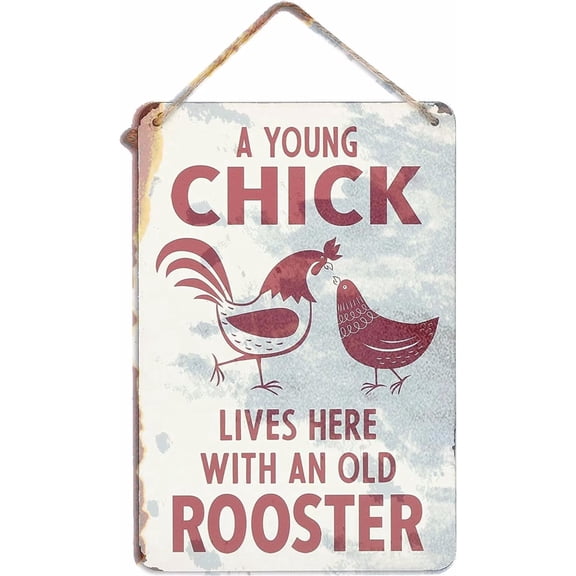 Tin Poster Metal Sign Young Chick Lives Here with an Old Rooster - Funny Vintage Wall Decor for Farmhouse Entryway, Bedroom, Or Living Room Plaque Retro Signs 12x8 Inch