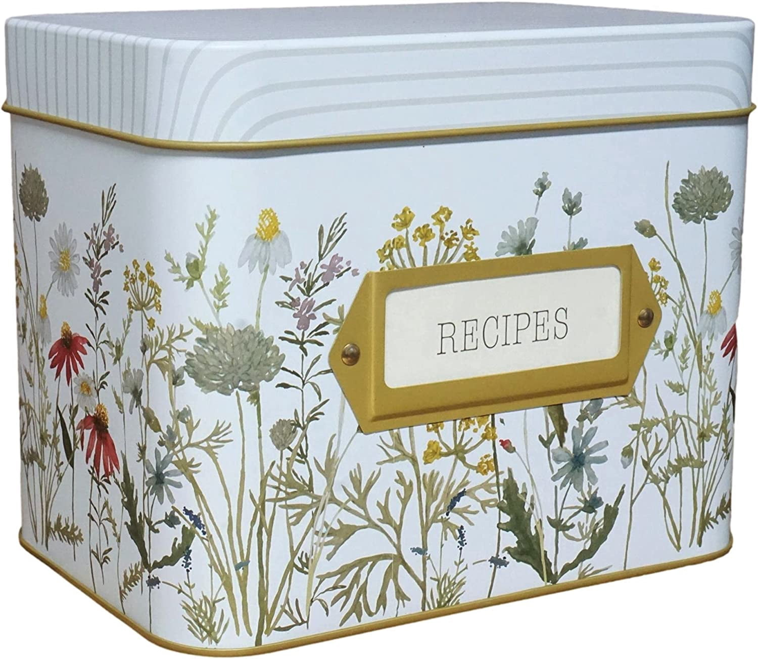 Tin Recipe Box Holder With Cards - Wildflower Print - Includes 100 4X6 Cards and 12 Dividers - Beautiful Decorative Tin Box Flower Gift