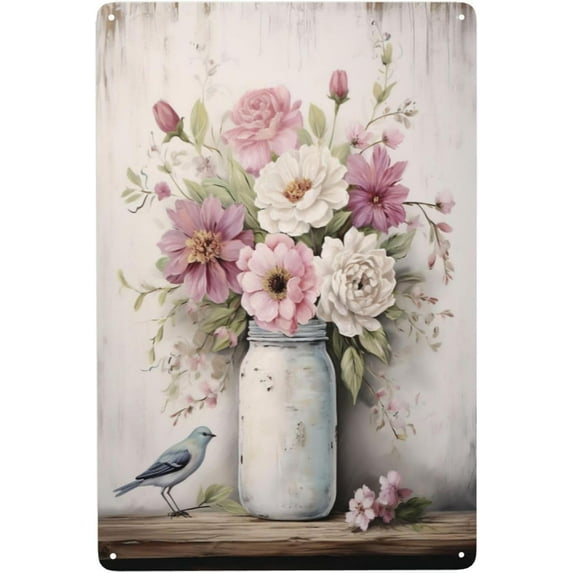 Tin Sign 12x16 Inch Farmhouse Flower Metal Tin Sign Wall Art Vintage Floral In Vase Metal Sign,Retro Flower Wall Decor For Living Room Bathroom Kitchen Yard Poster Decora