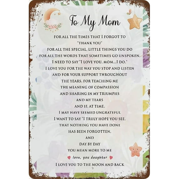 Tin Sign 12x16 Inch Mother Sign Gifts From Daughter, Rustic Floral To My Mom I Love You To The Moon Tin Sign Signs For Mother's Day Birthday Tin Sign Plaque Hanging Sign Home Decor