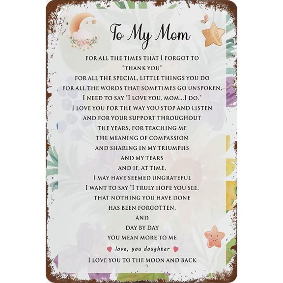 Tin Sign 12x16 Inch Mother Sign Gifts From Daughter, Rustic Floral To My Mom I Love You To The Moon Tin Sign Signs For Mother's Day Birthday Tin Sign Plaque Hanging Sign Home Decor