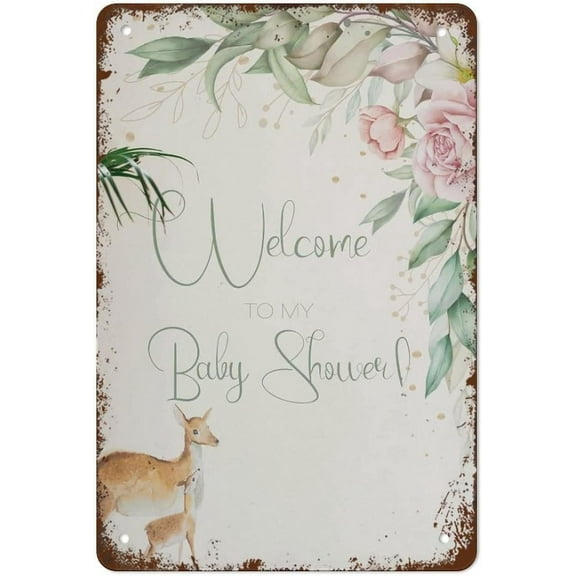 Tin Sign 12x16 Inch Retro Metal Tin Signbaby Shower Welcome Sign Woodland Baby Shower Metal Poster Floral Welcome Tin Sign Botanical Shower Sign Retro Plaque Vintage Wall Decor For Bathroom Toilet