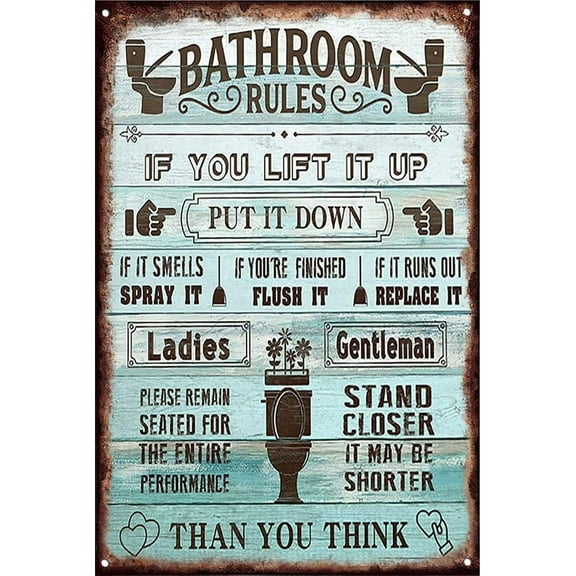 Tin Sign 5.5x8 Inch Bathroom Decor Wall Art Rustic Bathroom Funny Rules Signs Framed Farmhouse Toilet Decor Wood Background Bathroom Teal Bathroom Canvas Painting Funny Artwork Ready To Hang