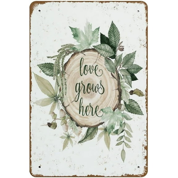 Tin Sign 5.5x8 Inch Metal Tin Sign - Love Grows Here Quote Greenery Wood Slice Rustic Home Sign Nursery Print Woodland Decor Staging Prop Novelty Garage Welding Shop Retro Tin Metal Sign