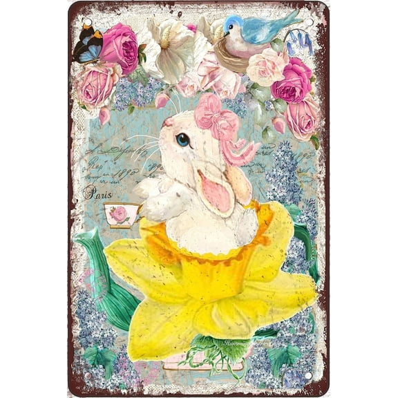 Tin Sign 8x12 Inch Tin Signs Easter Bunny Spring Daffodil Teapot Tin Sign Easter Poster Happy Easter Signs Front Door Spring Wreath Sign Metal Tin Sign Wall Decor For Home Bars Retro Sign Poster