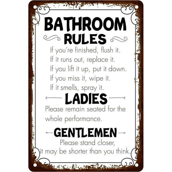 Tin Sign 8x12 Inch Vintage Bathroom Rules Metal Sign, Farmhouse Tin Signs For Home Guest Restroom Toilet, Funny Bathroom Wall Art Decor, Rustic Home Decor Bathroom Sign