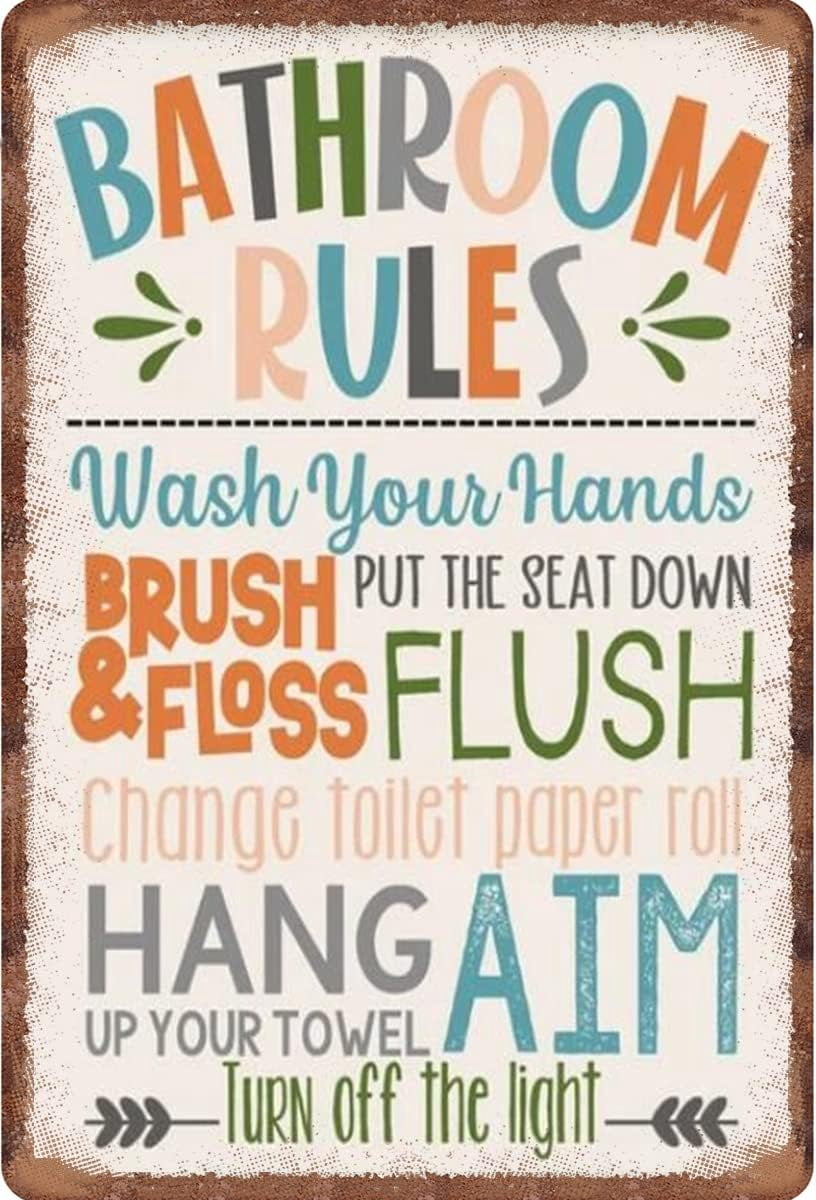 Tin Sign 8x5.5 Inch Bathroom Rules Boys Fish Bathroom Colorful Aluminum ...