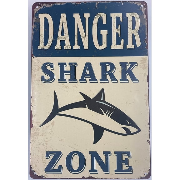 Tin Sign Bar Plaque | Metal Wall Decor Poster | Danger Shark Zone 8 x 12 in. | Classic Decorative Sign for Home Kitchen Bar Room Garage Decor | Warning Blue