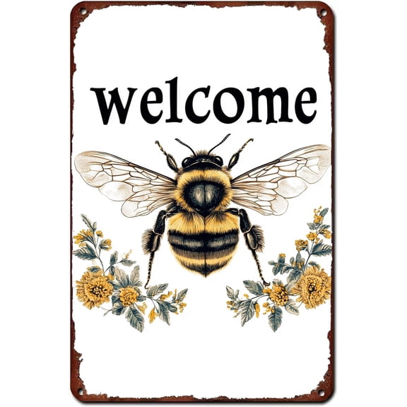 Tin Sign-Bees Sign Welcome Vintage Metal Tin Sign - Farmhouse Yard Wall Decoration. 12X8 Inch