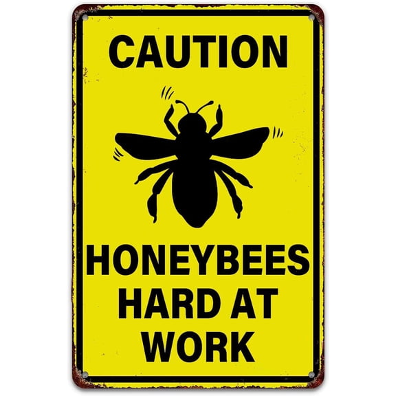 Tin Sign-Caution Honey Bees Hard At Work Vintage Metal Tin Sign - Wall Art for Home, Beekeeping Areas. Indoor/Outdoor Decor. 12x8 inch