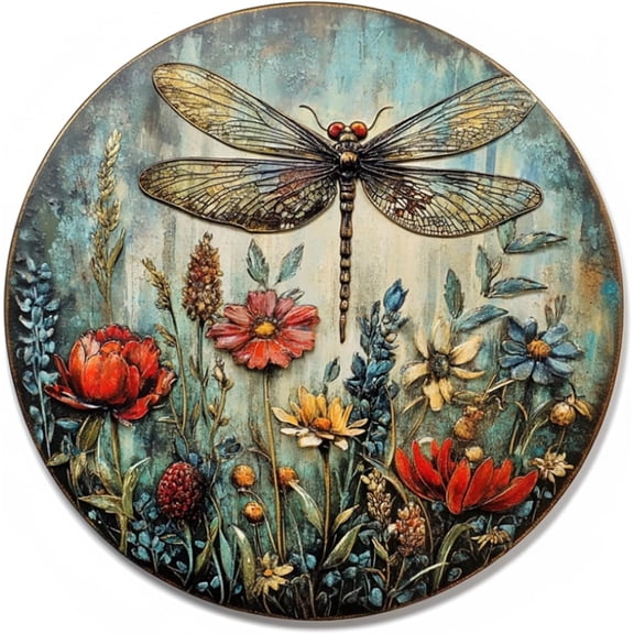 Tin Sign Dragonfly Farm Fresh Flowers Signs Round Metal Sign for Home Farm House Rustic Garden Yard Vintage Outdoor Outside Porch Wreath Wall Funny Decor 8 Inch