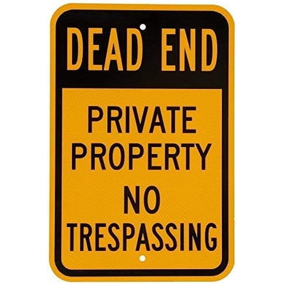 Tin Sign Fluorescent Reflective Legend Dead End - Private Property No Trespassing, Black On Yellow Metal Road Sign Wall Decoration 8x12 Inch (2 Pack)