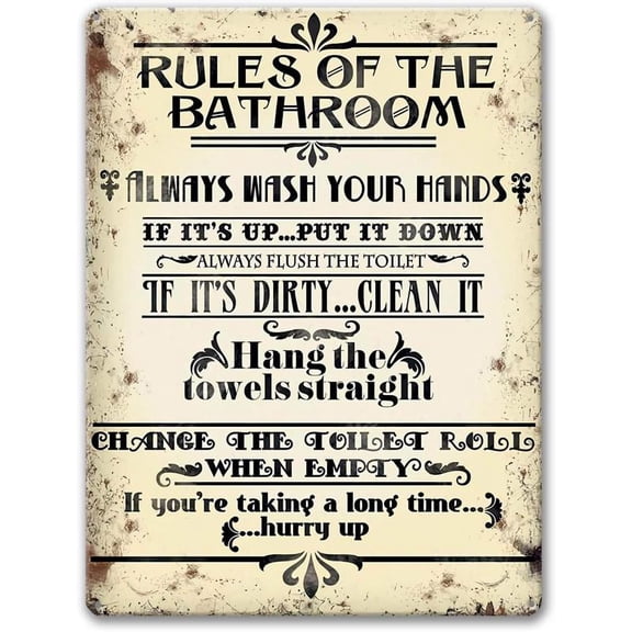 Tin Sign For Bathroom Rules Sign, Farmhouse Bathroom Decor Wall Art Vintage Metal Signs Funny 12 x 8 inches