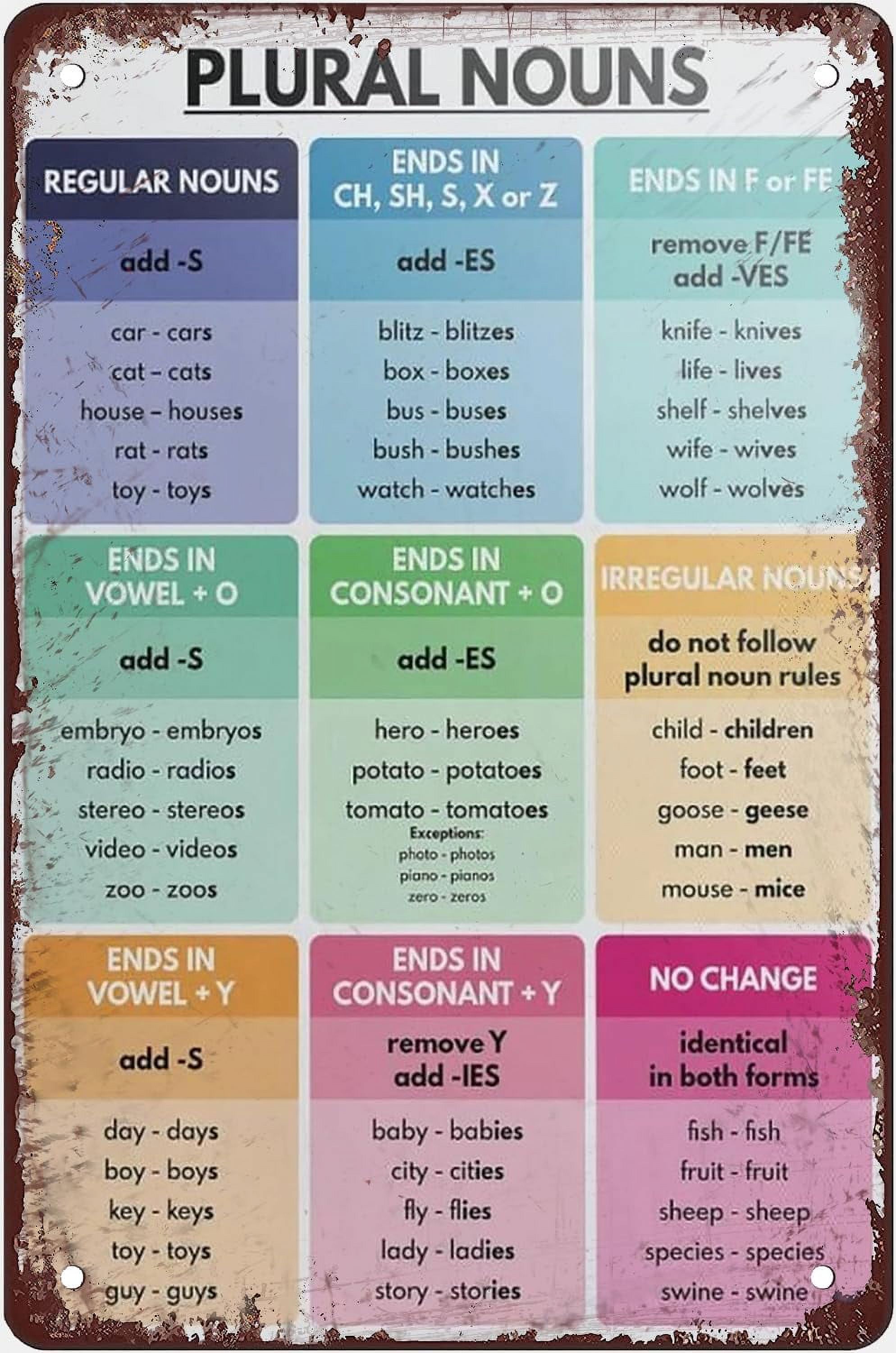 Tin Sign Funny Plural Nouns Retro Poster Grammar Chart For Classroom