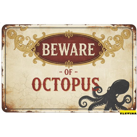 Tin Sign for Man Cave Metal Beware Of Octopus Retro Warning Yard Fence Garage Garden Home Wall Funny Decor 8x12 Inches Private Property Decorative style 2