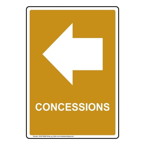 Tin Sign Metal Concessions Sign, with English Text and Symbol, White on Gold Size: 12 x 16 inch