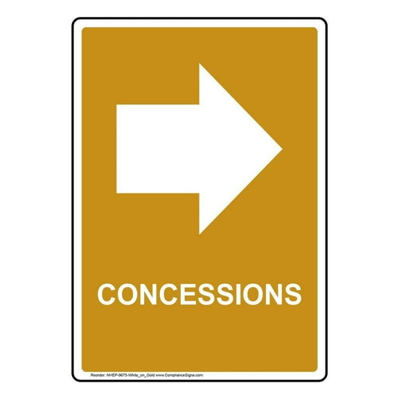 Tin Sign Metal Concessions Sign, with English Text and Symbol, White on Gold Size: 8 x 12 inch