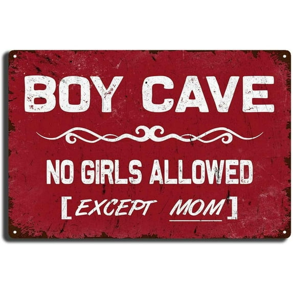 Tin Sign Painting Boy Cave Metal Sign No Girls Allowed Except Mom Sign Boy Room Wall Door Sign Decor for Teen Boys Bedroom Door Wall Decoration 8.00" x 12.00" Tin Painting