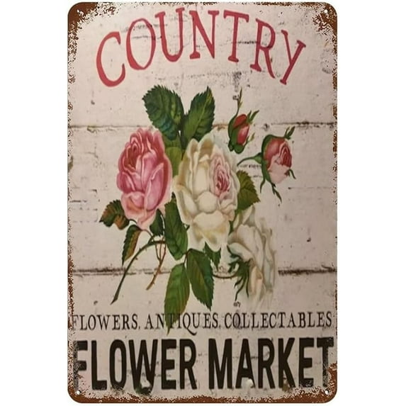 Tin Sign Roses Retro Country Flower Market Shabby Chic Floral Vintage Summer Decor Wall Art for Nursery Bathroom Restroom Apartment Farmhouse Shop Garden Gallery 8x12 Inches