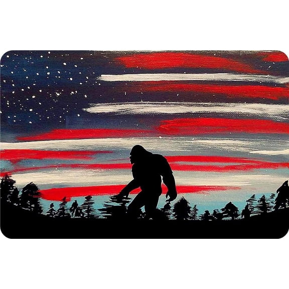 Tin Sign Vintage Bigfoot Walking on the Mountain American Flag with Starry Night View Suitable for Room Living Room Bar Garage Club Wall Decoration Metal Sign 12x8 Inch