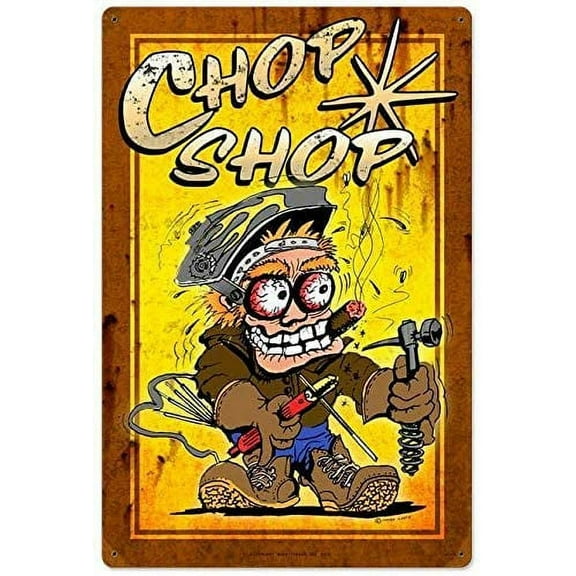 Tin Sign Vintage Chic Art Decoration Poster Hot Rod Auto Body Chop Shop for Store Bar Home Cafe Farm Garage or Club 12" X 8"
