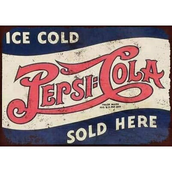 Tin Sign Vintage Chic Art Decoration Poster Ice Cold Pepsi Cola Sold Here for Store Bar Home Cafe Farm Garage or Club 12" X 8"