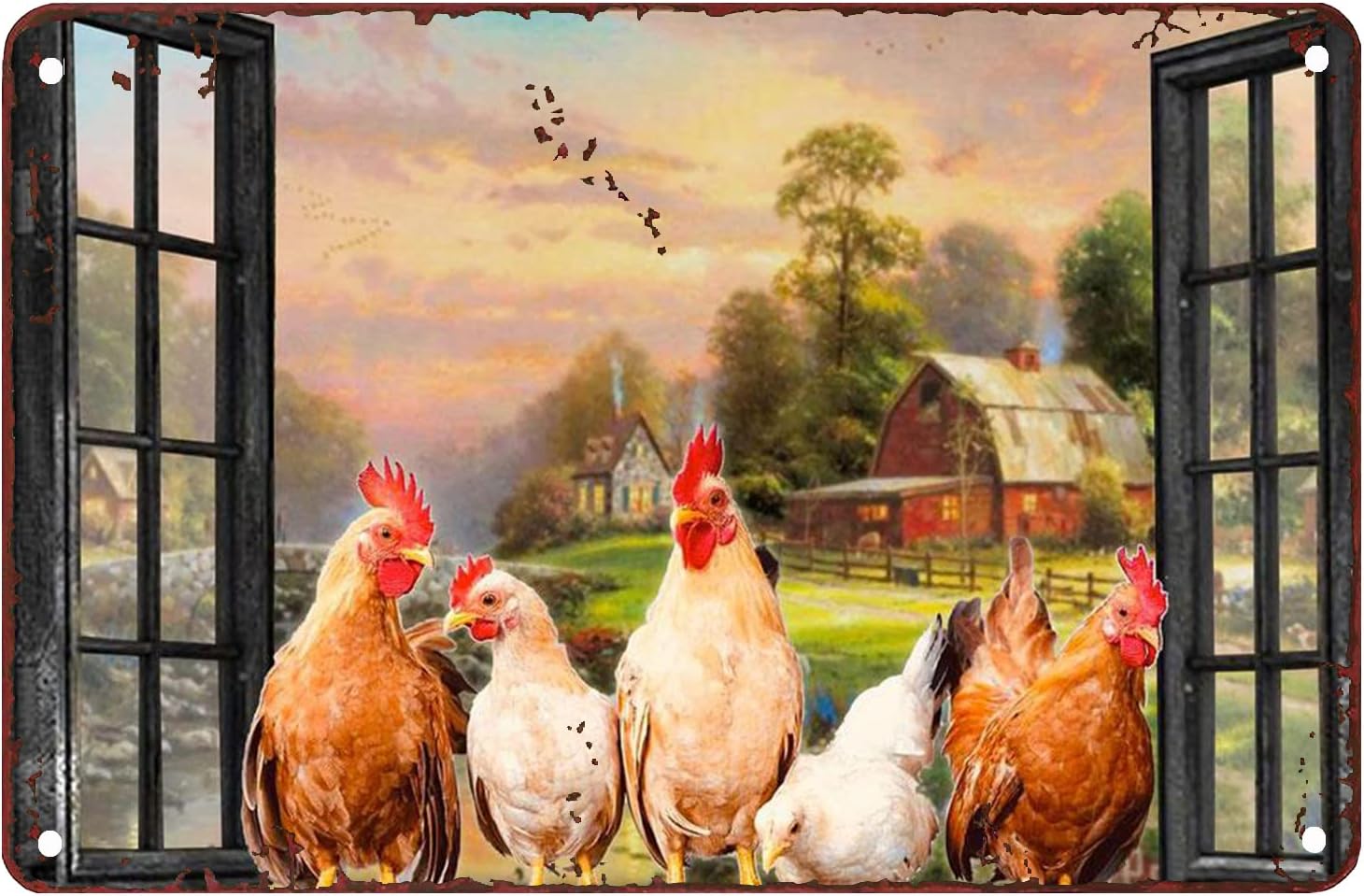 Tin Sign Vintage Chickens On Window Chicken Signs for Coop Outdoor Hen ...
