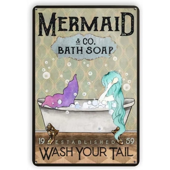 Tin Sign Vintage Mermaid Bathroom Metal Sign Wash Your Tail Tin Sign Chic Art Wall Metal Decorations Funny Iron Plaque Signs Gift for Living Room Office 8x12 inch