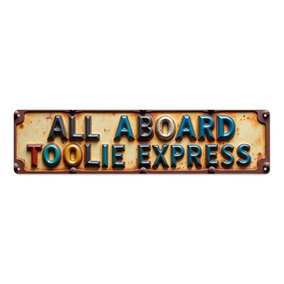 Tin Signs 16*4 inches "All Aboard Toolie Express" Rustic Rusty Look Durable