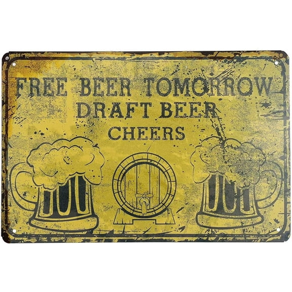 Tin Signs Free Beer Tomorrow Draft Beer Cheers Fresh Beer Vintage Garage Sign, Can Be Used for Home, Front Desk, Bar, Bedroom, Etc.Art Deco 12x8inch Metal