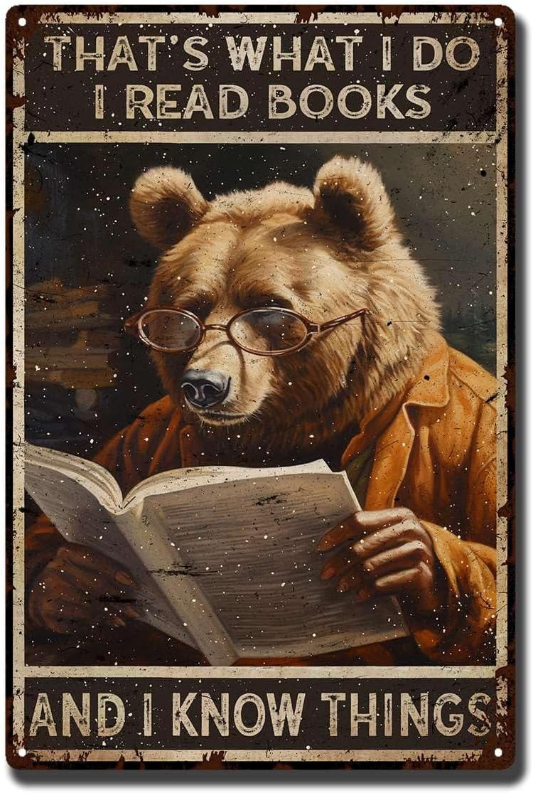 Funny Dog Retro Tin Sign – 'That's What I Do I Read Book I Know Things' 8x12 Inch, Vintage Metal Wall Decor