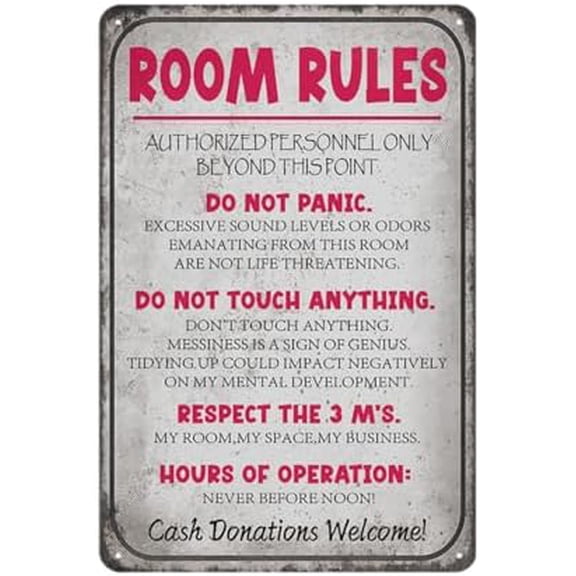 Tin Signs Funny Vintage Room Rules Sign Bedroom Door Decor Dorm Wall Accessories Cute Pink Preppy Room Decorations Teenage Door Sign Fun Gifts for Birthday Holiday 12 X 8 In