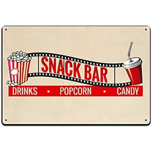 Tin Signs Home Theater Decor - Metal Sign for Basement Bar Card Game Movie Room 12 x 8 in. Theatere Snack Bar Drinks Popcorn Candy