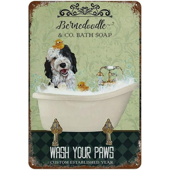 Tin Signs Retro Bernedoodle Dog In Bathtub Bath Soap Established Wash Your Paws Art Decorations Metal Sign Wall Decor Tin Signs Vintage 8 X 12 Inches