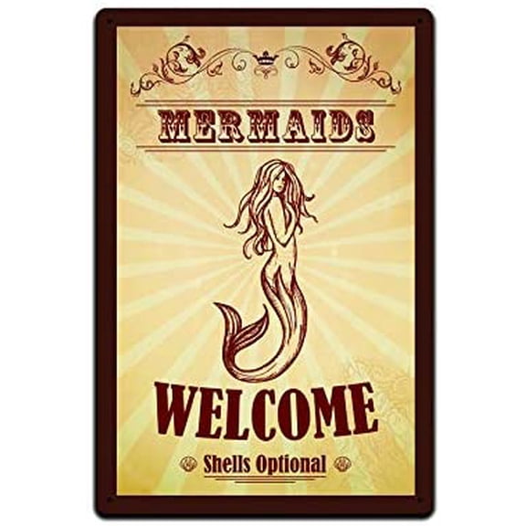 Tin Signs Swimming Pool Decor - Funny Swimming Pool Signs Aluminum Lightweight Metal Sign 12 x 8 in. Weather Resistant (Mermaids Welcome Shells Optional)